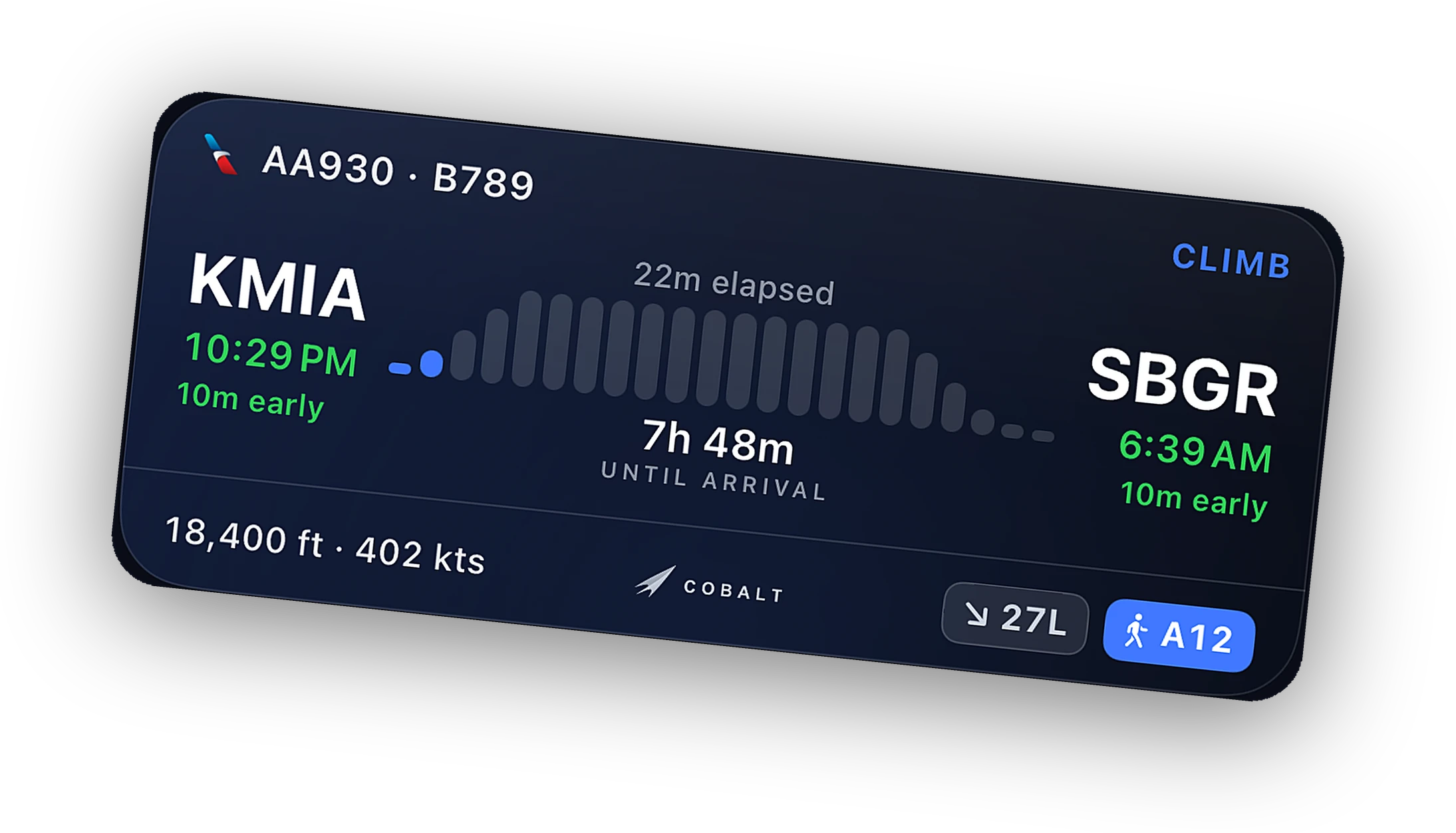 Cobalt Live Activity card: AA930 KMIA to SBGR in the climb, 18,400 ft, 7h 48m until arrival