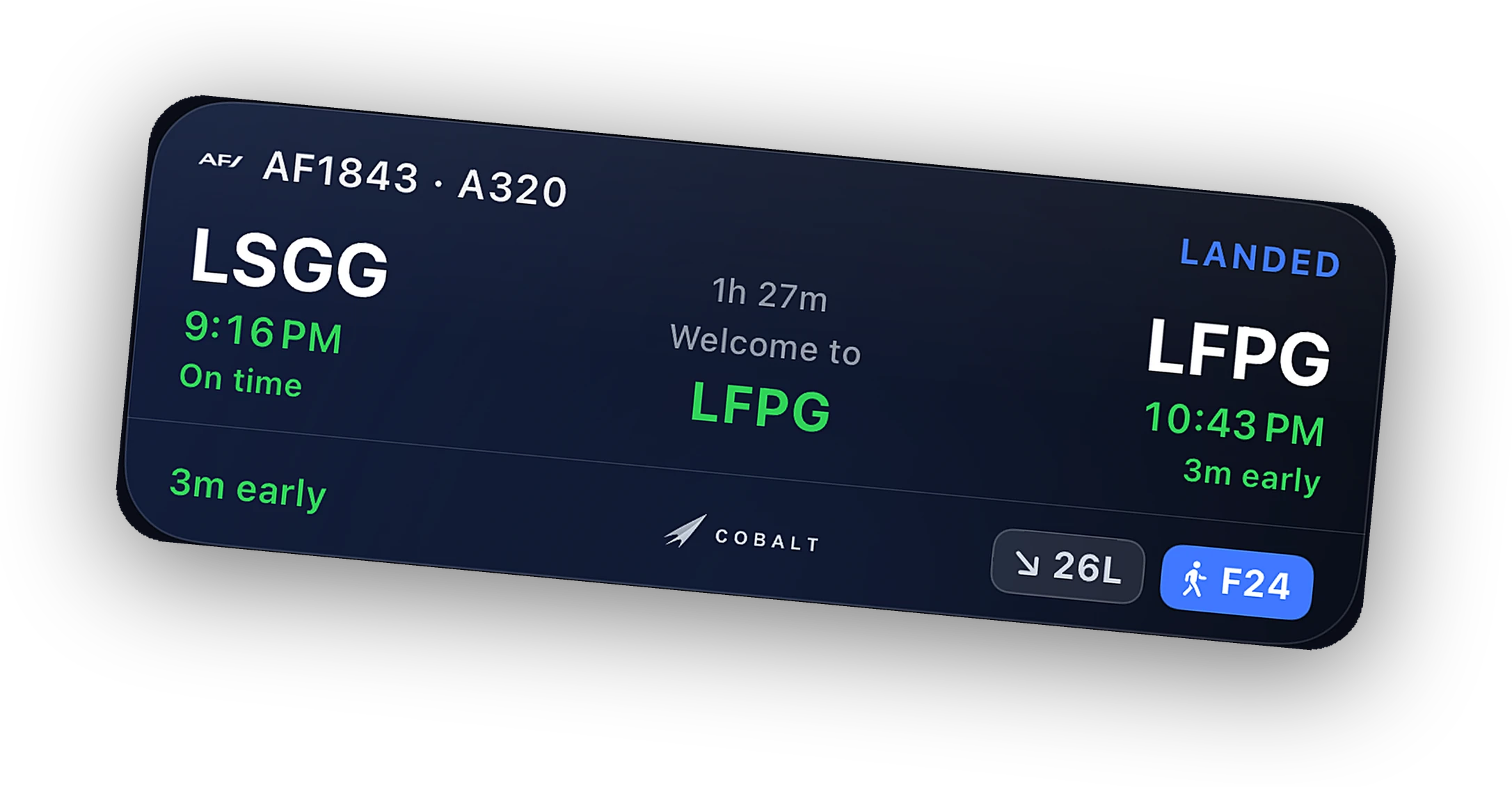 Cobalt landed card: AF1843 LSGG to LFPG, 1h 27m, welcome to LFPG, 3 minutes early