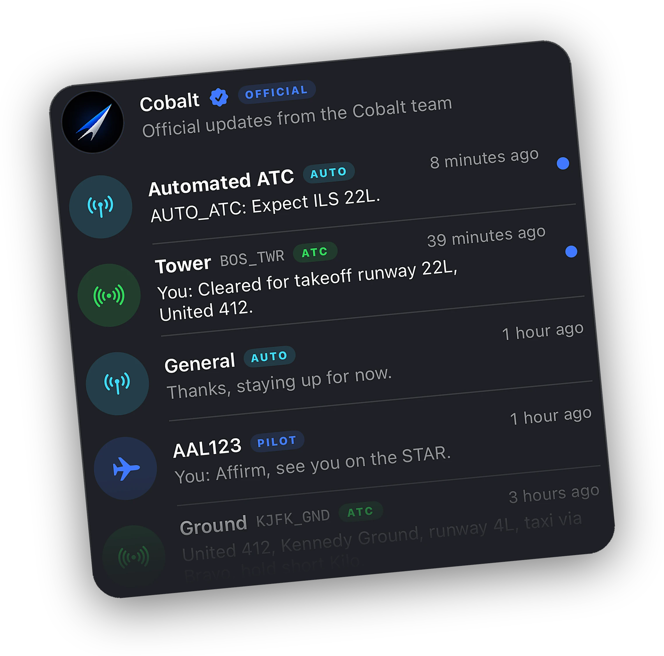 Cobalt Inbox with threads from Automated ATC, Boston Tower, and another pilot