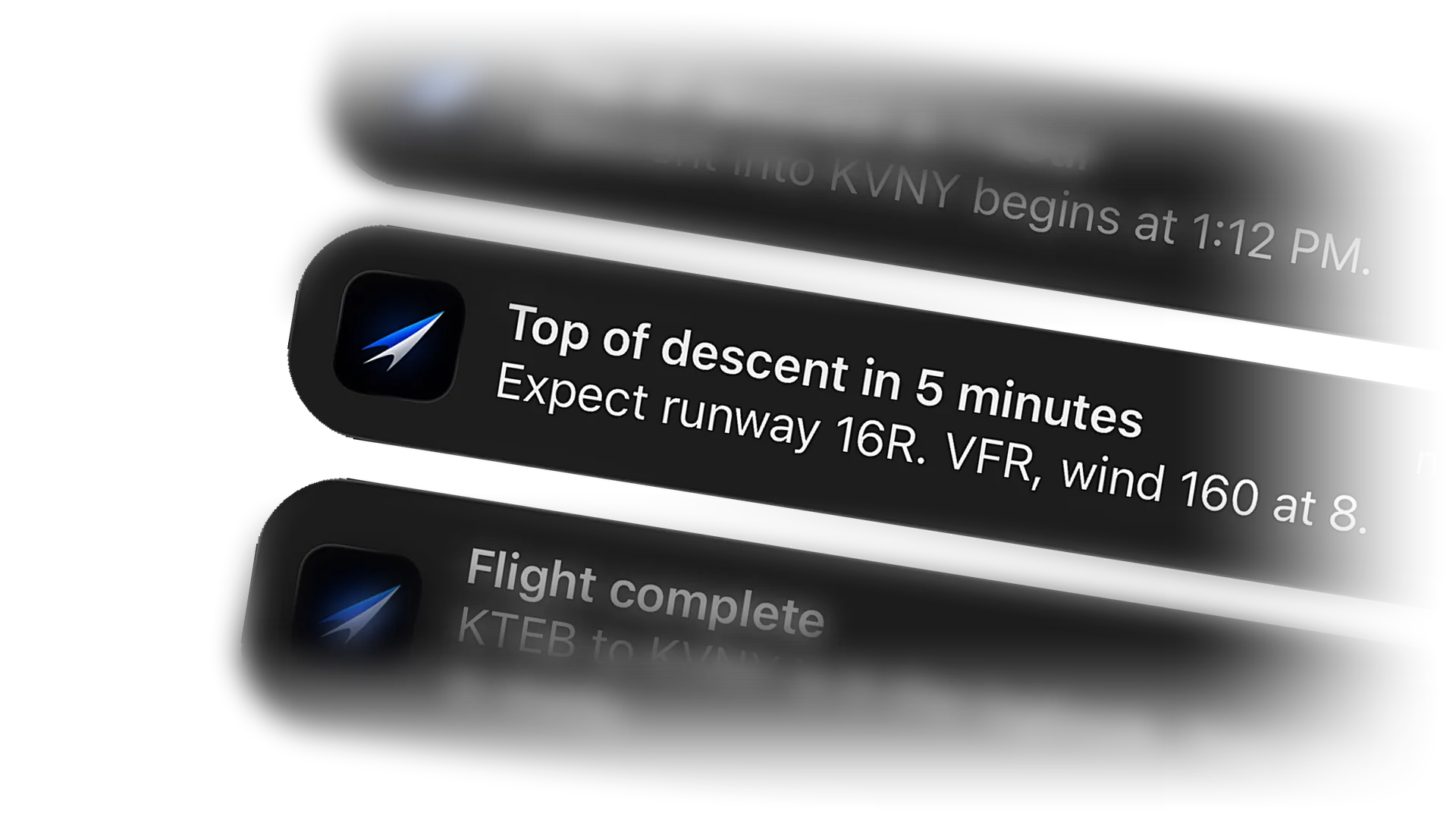 Cobalt notifications: top of descent in five minutes, and flight complete