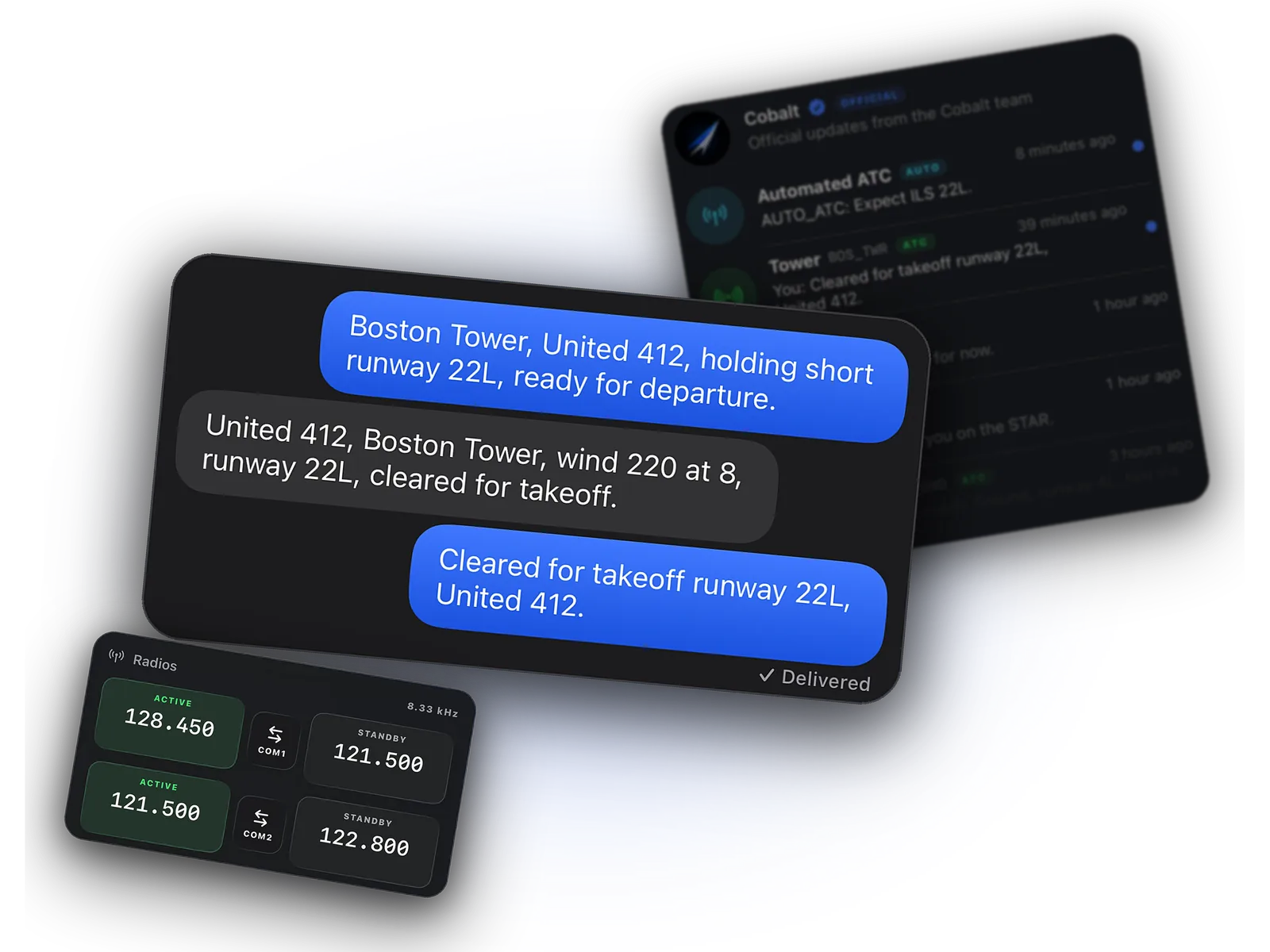 Cobalt ATC thread: Boston Tower clears United 412 for takeoff on runway 22L, with the Inbox list behind and COM radios in front