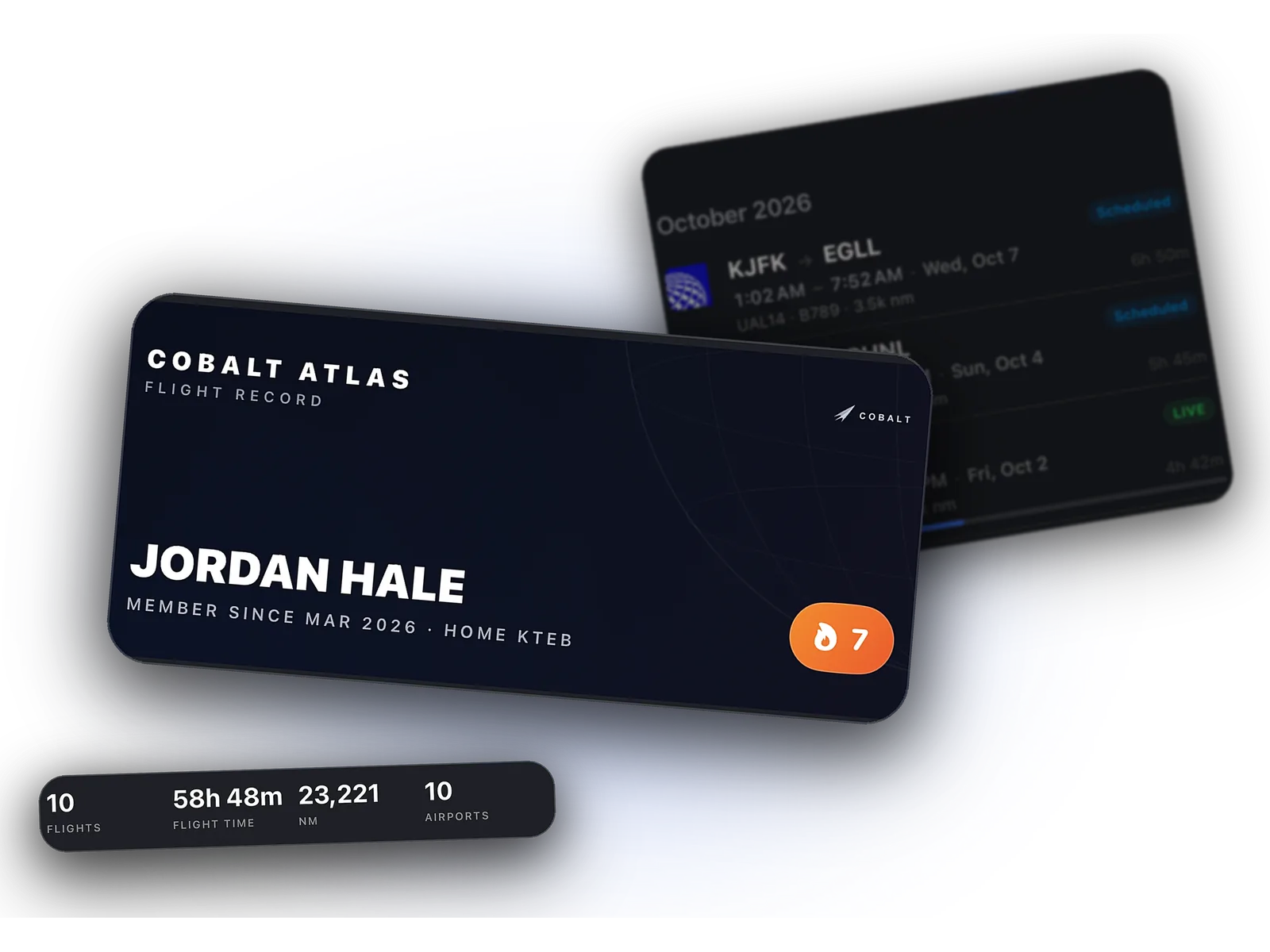 Cobalt Atlas passport for Jordan Hale, member since March 2026, home field KTEB, with 10 flights and 58h 48m logged and the October logbook behind