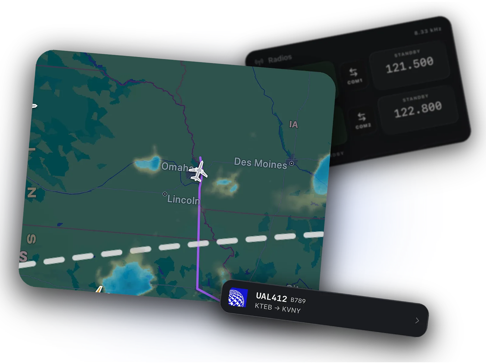 Cobalt live map over Nebraska with weather radar and the route drawn ahead, the UAL412 KTEB to KVNY callsign chip, and COM radios behind