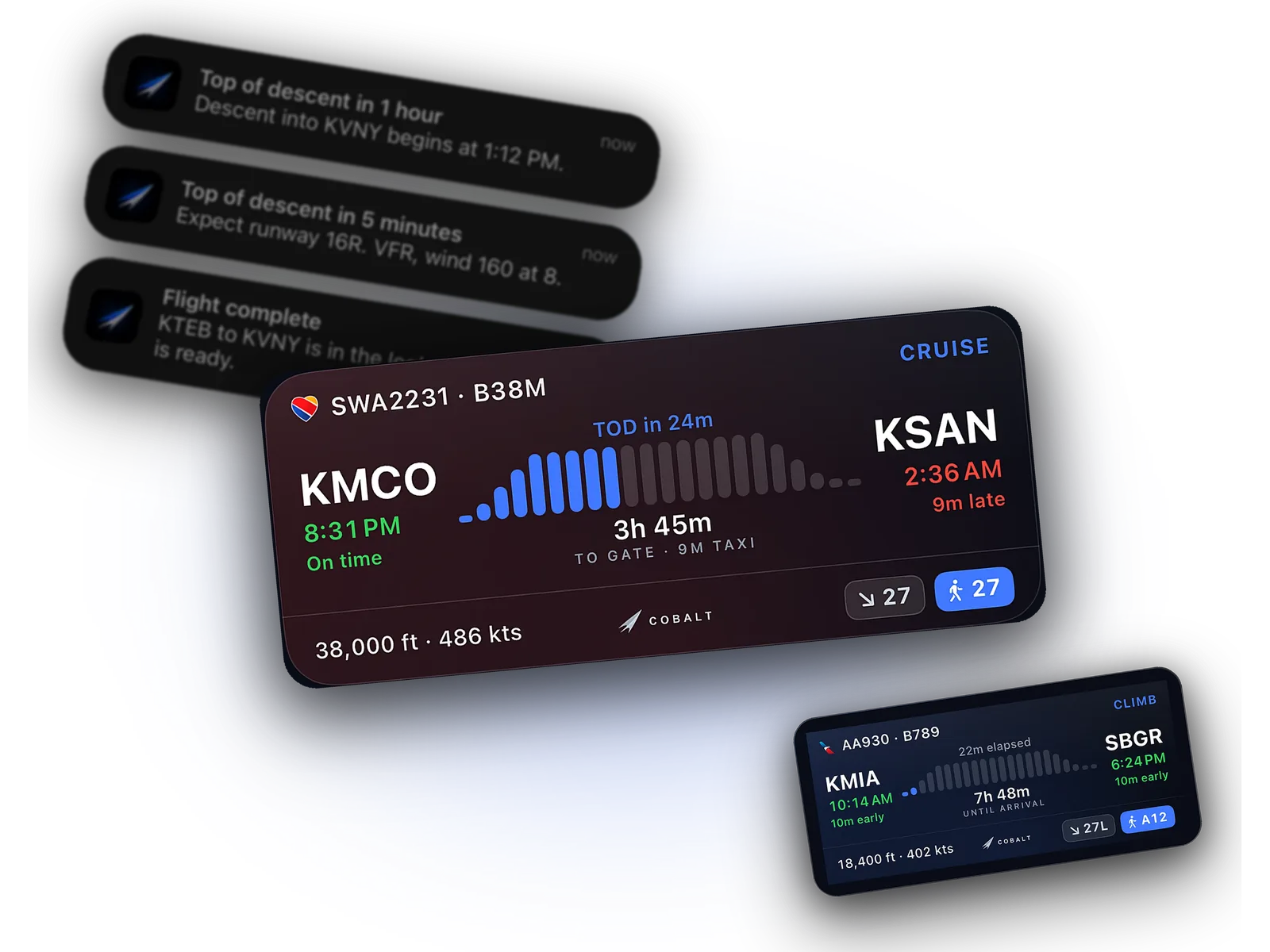 Cobalt Live Activity at cruise: SWA2231 KMCO to KSAN at 38,000 ft, 3h 45m to the gate, top of descent in 24 minutes, with a climb widget and top-of-descent alerts