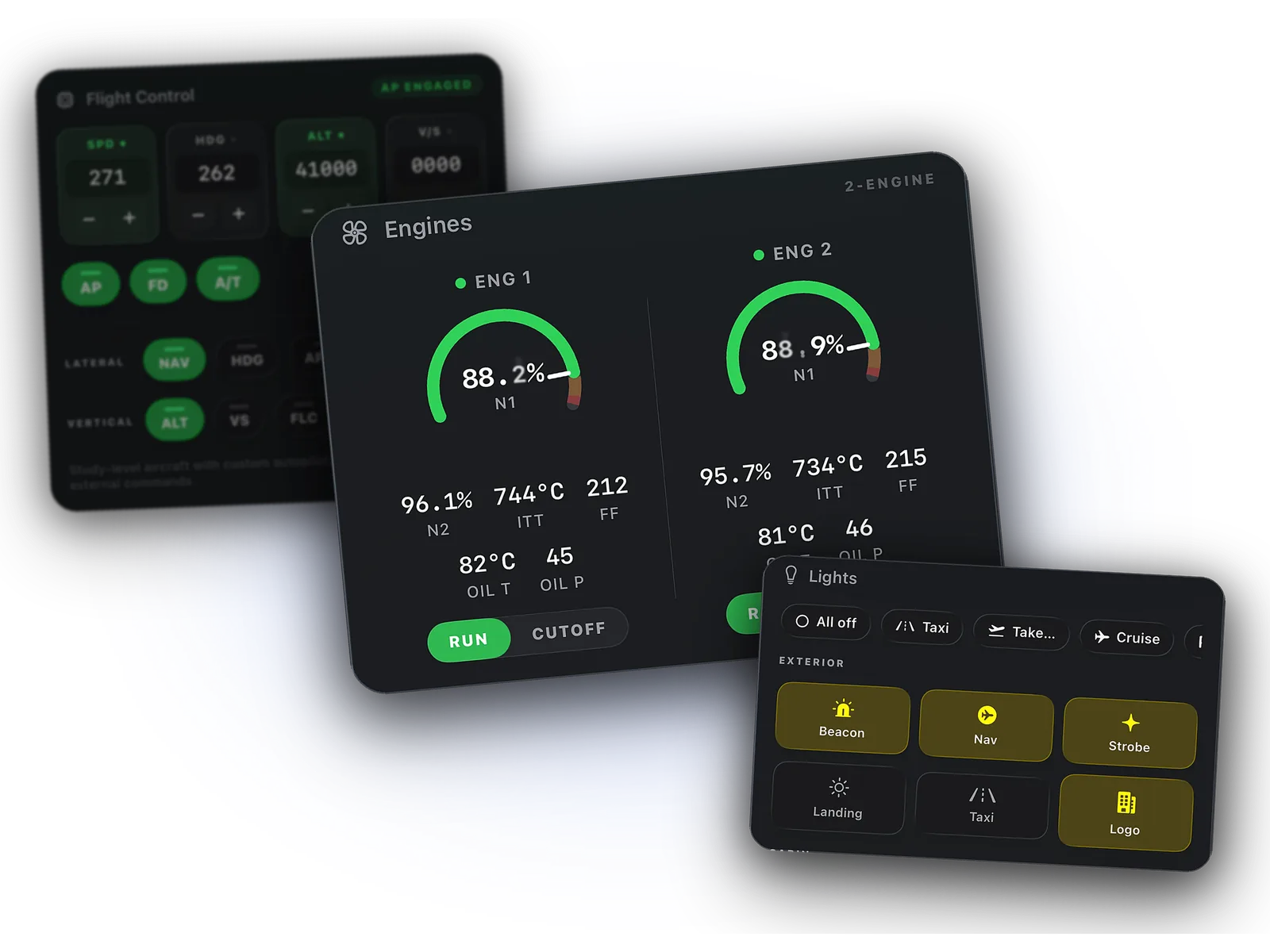 Cobalt systems remote: live engine gauges with N1 at 88 percent, the autopilot panel behind, and exterior lights in front