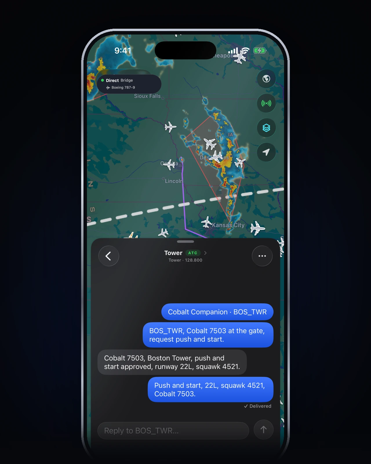 Cobalt Inbox thread with Boston Tower on iPhone: push and start approved, replies delivered through vPilot