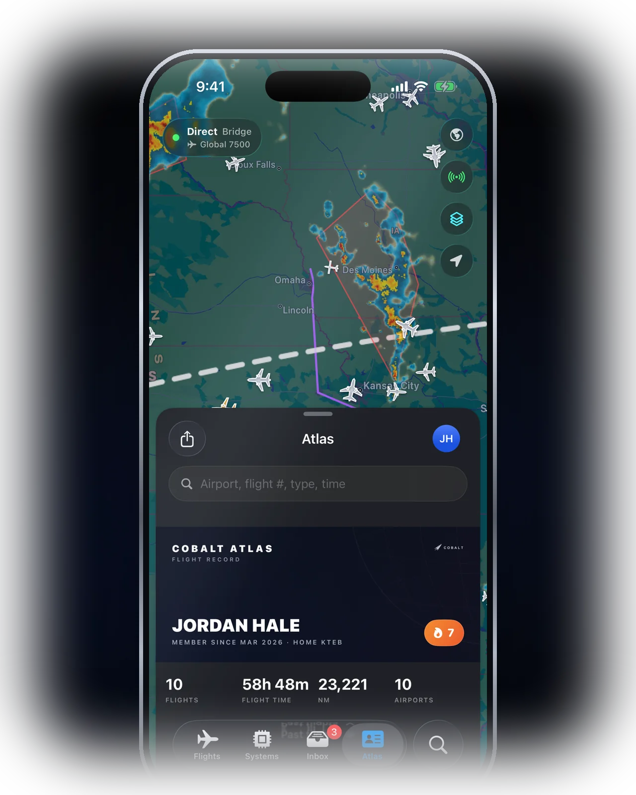 Cobalt Atlas passport card on iPhone: flights, hours, distance, and airports for the pilot