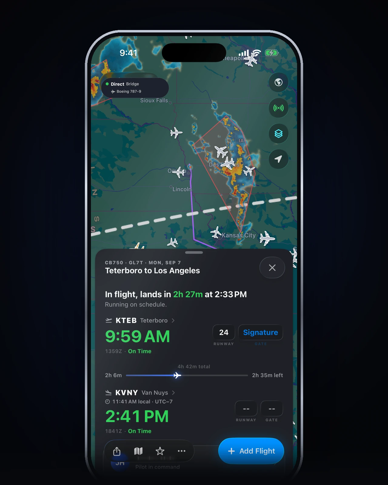 Cobalt flight detail on iPhone with the Direct Bridge connection pill: in flight, landing on time, gate and runway from the sim
