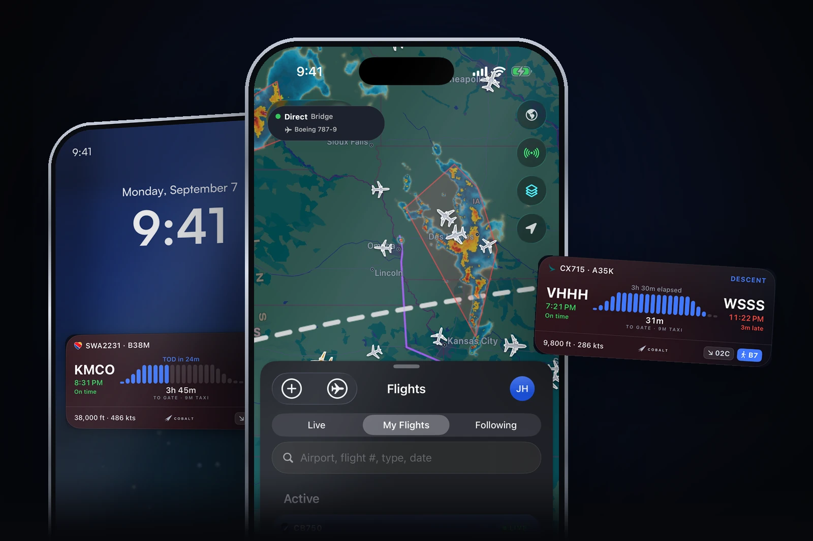 Cobalt on iPhone: the live map with your aircraft over network traffic, next to the Lock Screen Live Activity and a descent card