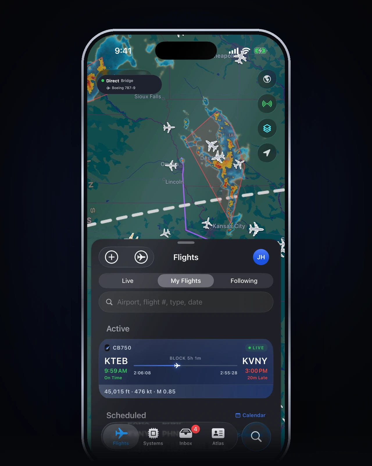 Cobalt live map on iPhone: a Boeing 787-9 over live network traffic and weather radar, with the Flights sheet showing the active KTEB to KVNY leg