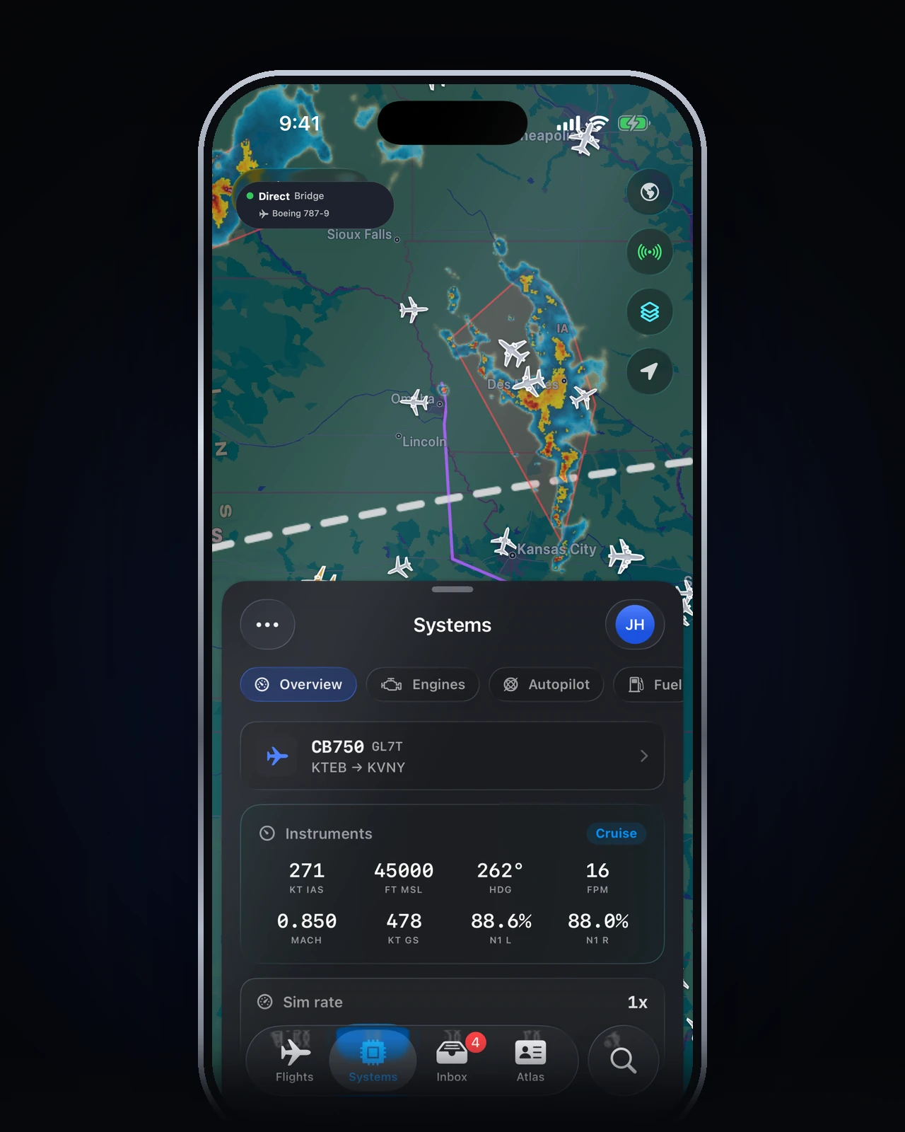 Cobalt Systems tab on iPhone: live instruments, autopilot, engines, and fuel for the aircraft in the sim