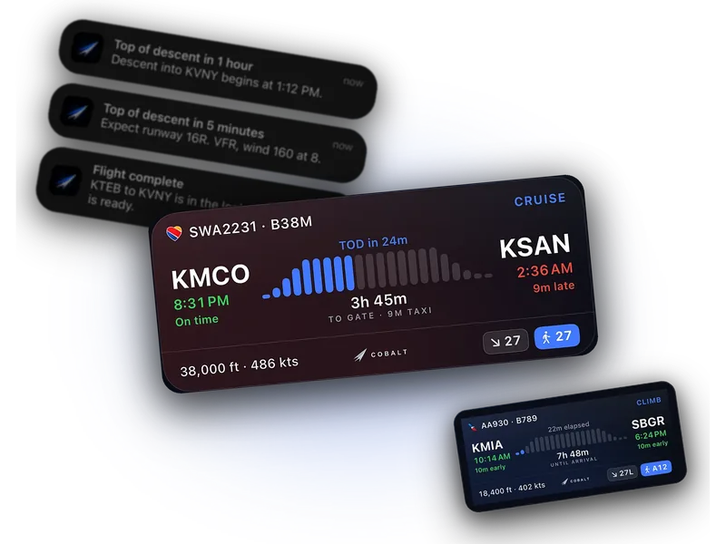 Cobalt on the Lock Screen: top of descent notifications beside the cruise and climb Live Activity cards