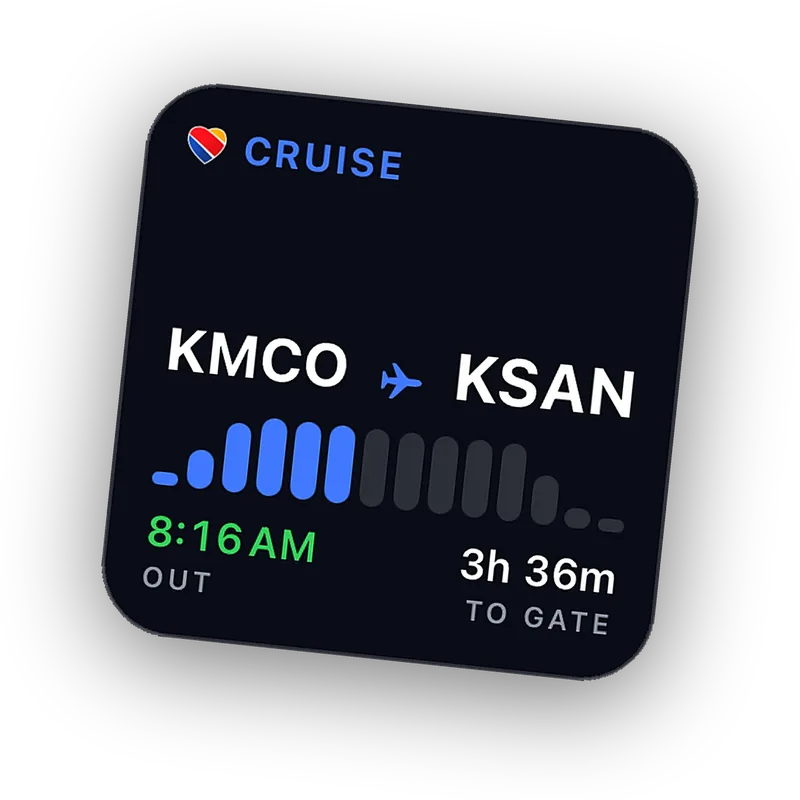 Cobalt small widget in cruise: KMCO to KSAN, out at 8:16 AM, 3h 36m to the gate