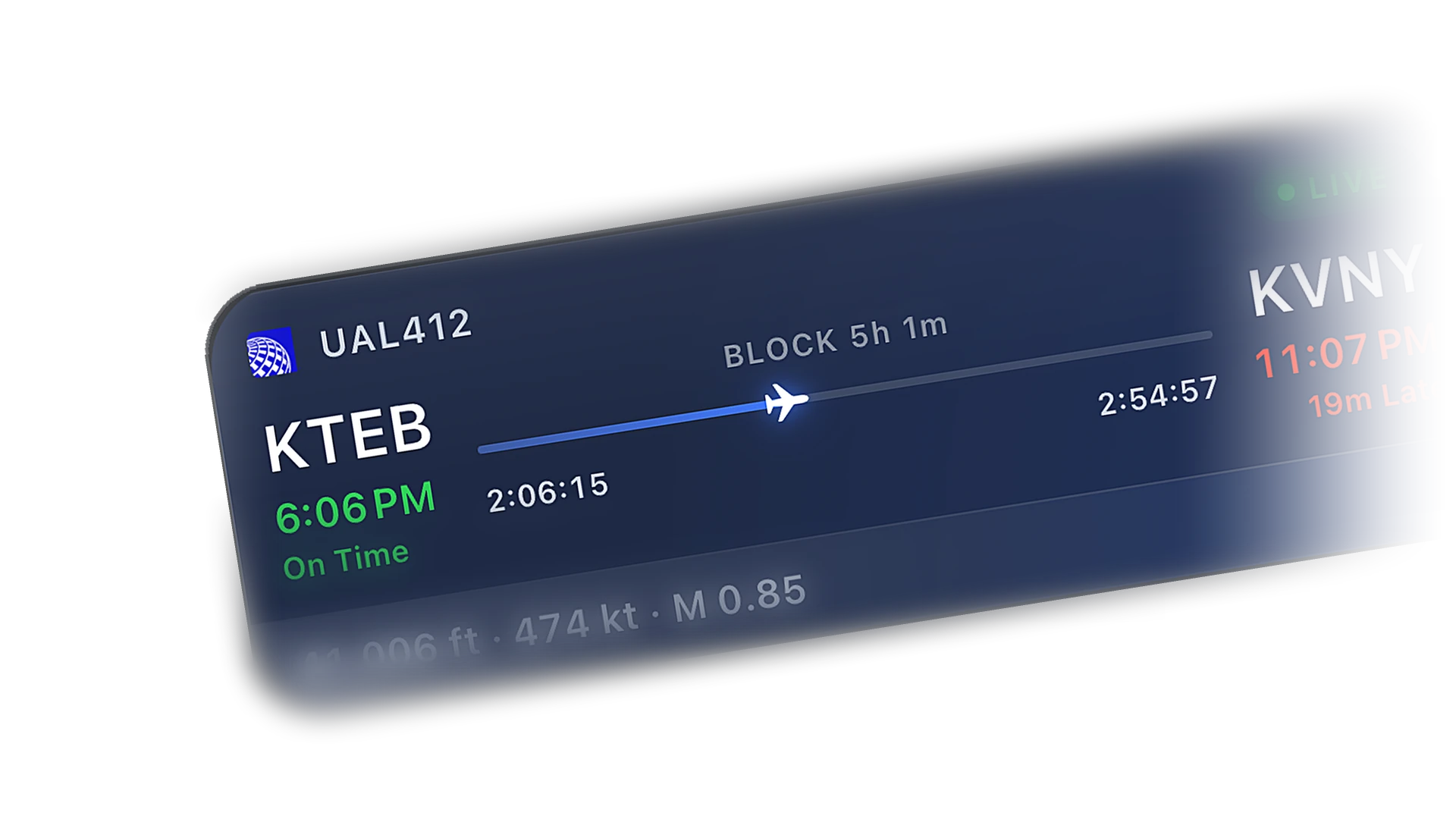 Active flight card on the live map