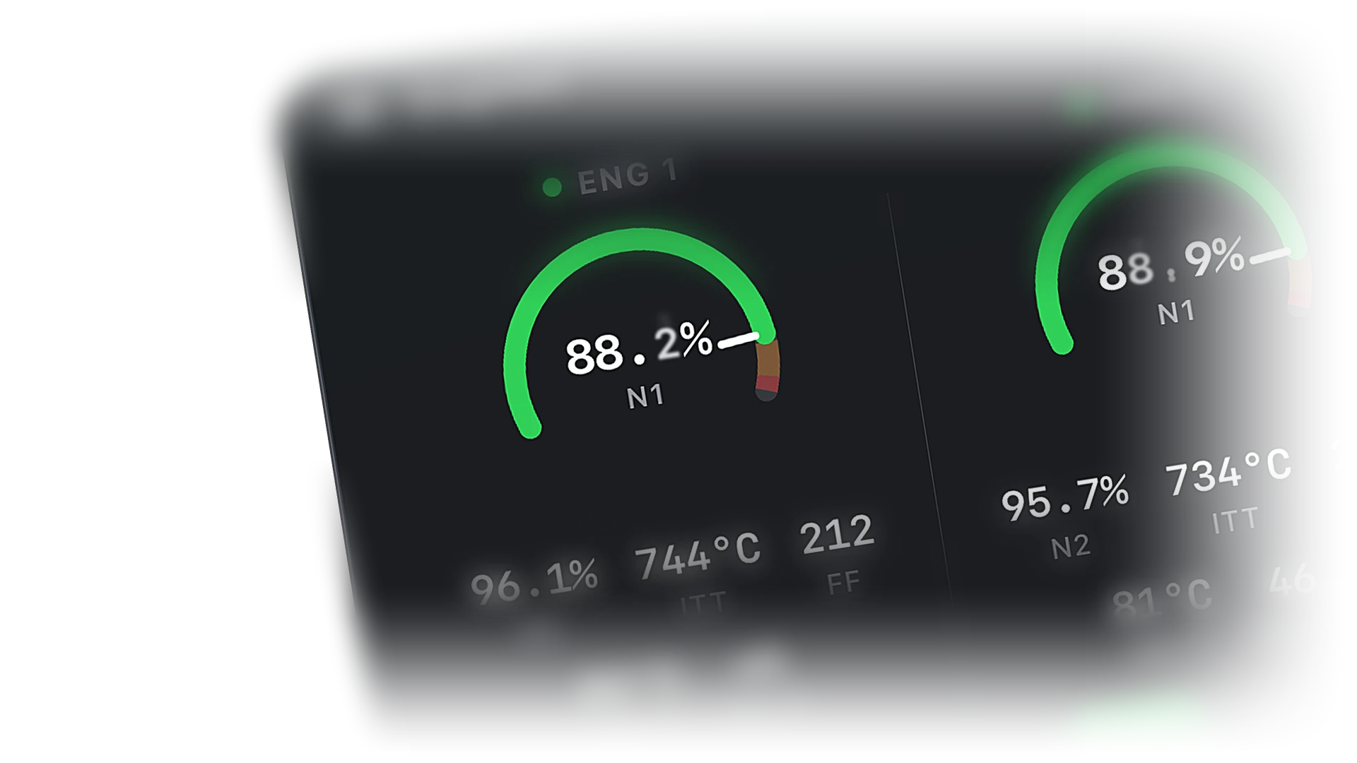 Engine readouts with N1, N2, and EGT