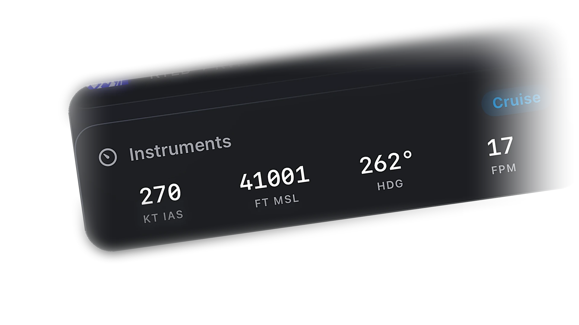 Instruments strip with airspeed, altitude, heading, and vertical speed