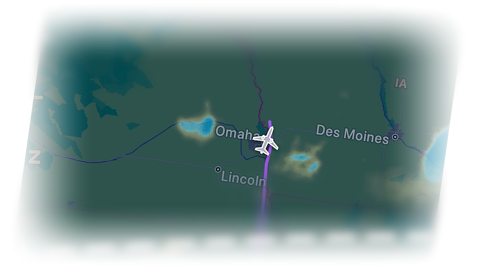 Live map with a highlighted aircraft and route arc