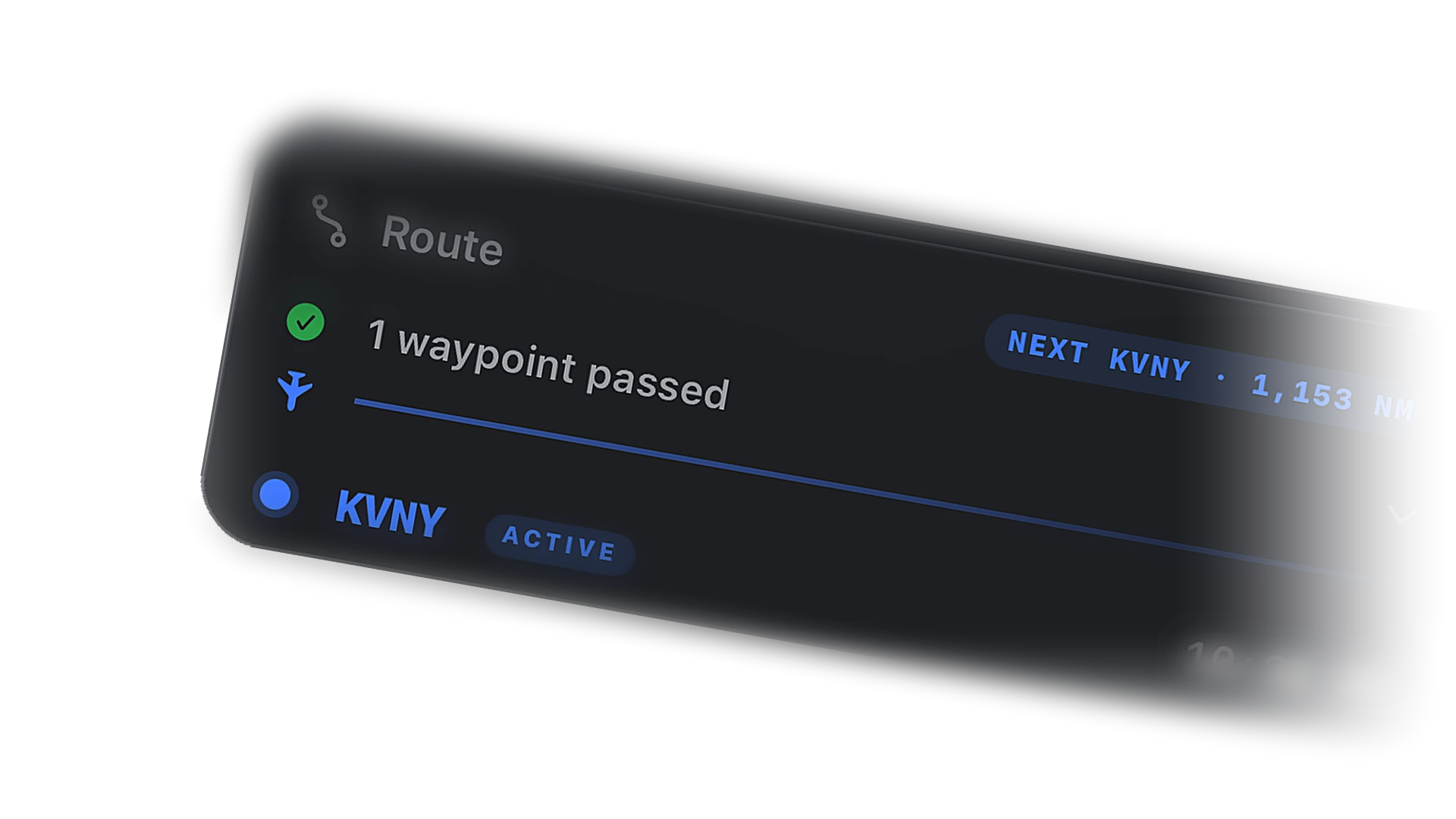 Route card showing one waypoint passed and the next fix